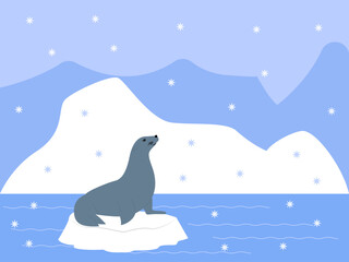 A gray seal is sitting on a small, drifting ice floe in the blue ocean. Winter illustrations. Flat vector concepts. © roundsquid