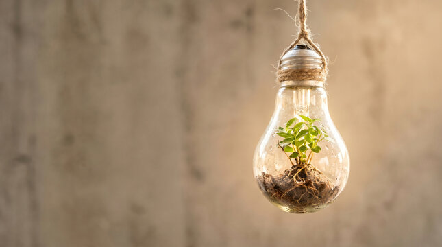 Green energy concept a lightbulb filled with soil and a small plant, symbolizing environmental sustainability and ecological growth