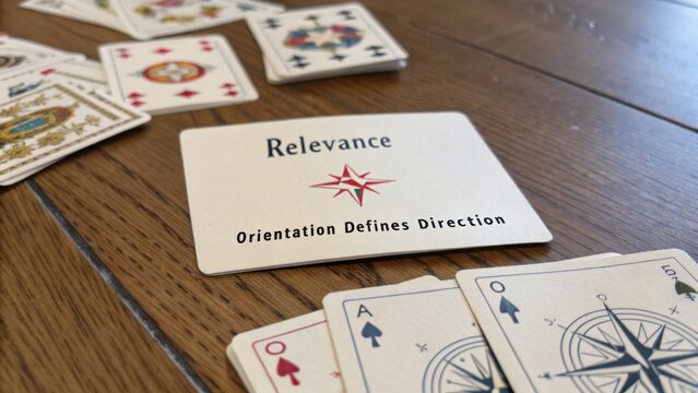 Conceptual Card Game Featuring Relevance and Direction while Using Playing Cards on a Wooden Table to Symbolize Strategy and Choices