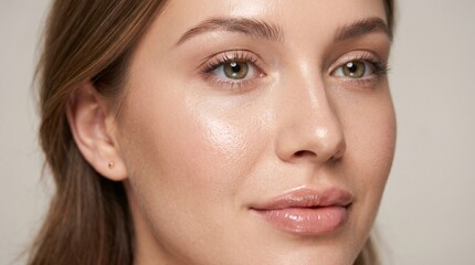 Fototapeta premium Close-up portrait of a woman with brown hair and green eyes showcasing her natural beauty and skincare