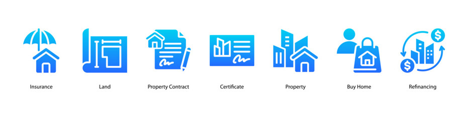 Fototapeta premium Real Estate Contract web banner icon vector illustration featuring Insurance, Land, Property Contract, Certificate, Property, Buy Home, and Refinancing.