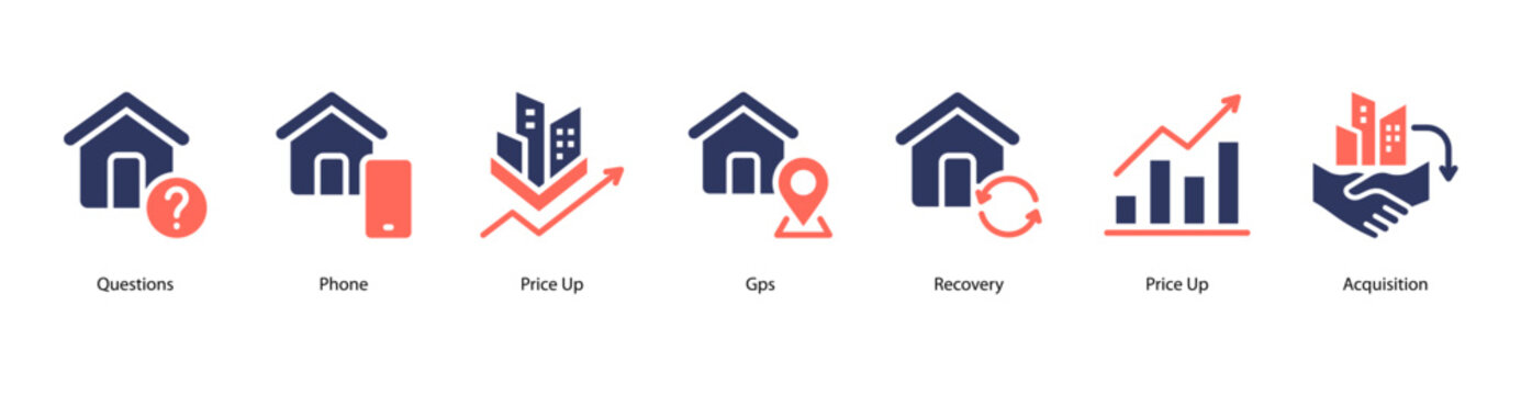 Financial Strategy web banner icon vector illustration featuring Questions, Phone, Price Up, Gps, Recovery, Price Up, and Acquisition.