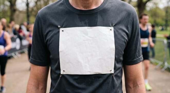 Blank white marathon running bib mockup pinned on athletic shirt