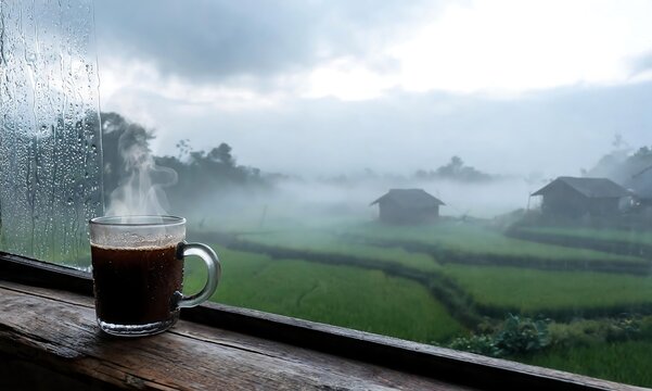 A steaming cup of coffee by the window with a misty green landscape outside