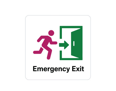 A clear emergency exit sign features a person running towards an open green door with an arrow