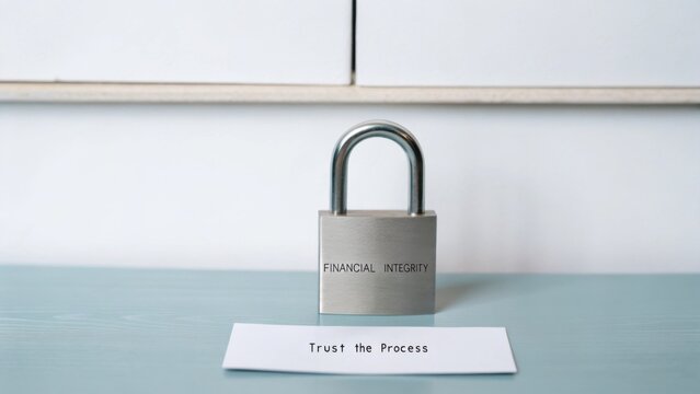 Metal padlock representing financial integrity placed on a table with a note saying "Trust the Process" to emphasize security and trustworthiness in finance