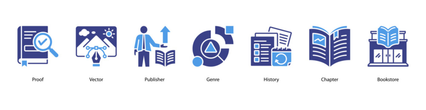 Publishing Process web banner icon vector illustration featuring Proof, Vector, Publisher, Genre, History, Chapter, and Bookstore.