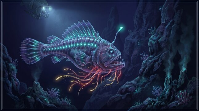 Glowing deep sea anglerfish with sharp teeth illuminated by a sub