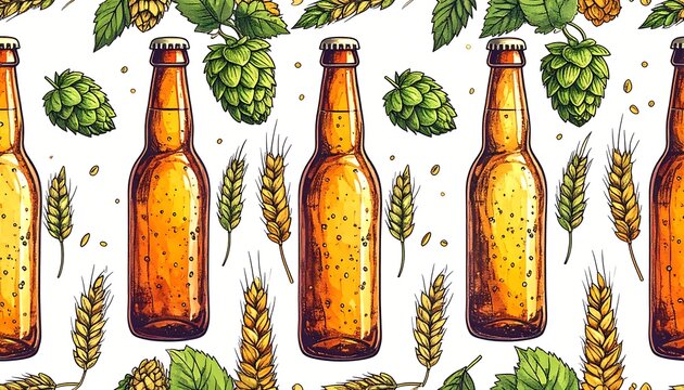 Beer bottles with hops and wheat.