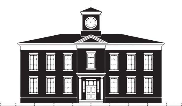 School building with clock tower and entrance