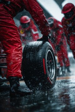 Professional pit crew in red suits changing tire in heavy rain during motor race.