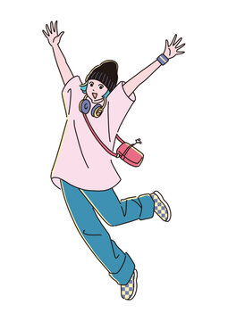 ジャンプして喜ぶアウトドアファッションの女性