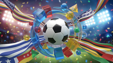 Naklejka premium Soccer Ball with Colorful Flags on a Green Background for Sports and Football Theme