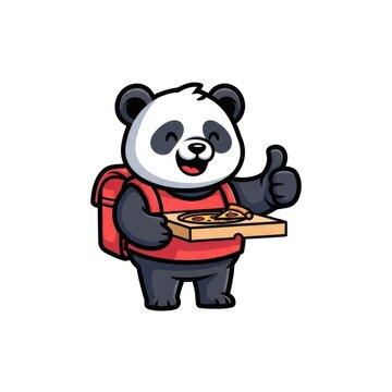 Cute Cartoon Panda Pizza Delivery Mascot Giving Thumbs Up with a Pizza Box