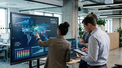 Fototapeta premium Business professionals analyzing global transaction volume map and risk score breakdown on large interactive touchscreen display while discussing regional growth forecasts