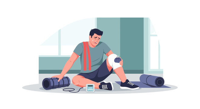 Man with injured knee sitting on gym floor after workout