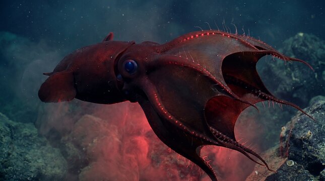Red vampire squid with glowing spines swimming in the deep ocean abyss
