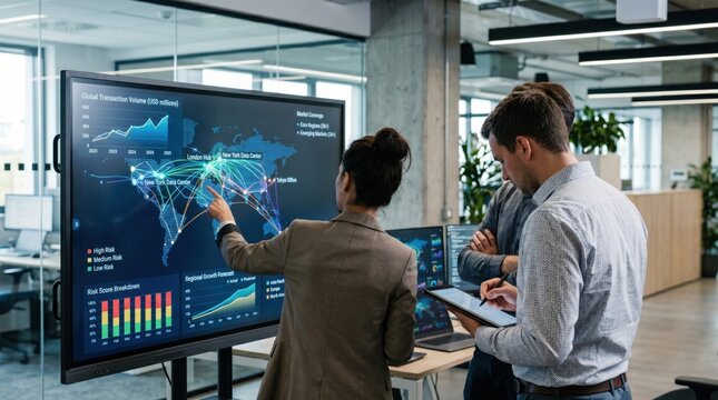 Business professionals analyzing global transaction volume map and risk score breakdown on large interactive touchscreen display while discussing regional growth forecasts