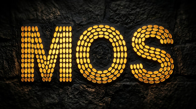 mos text made of glowing dots on wall