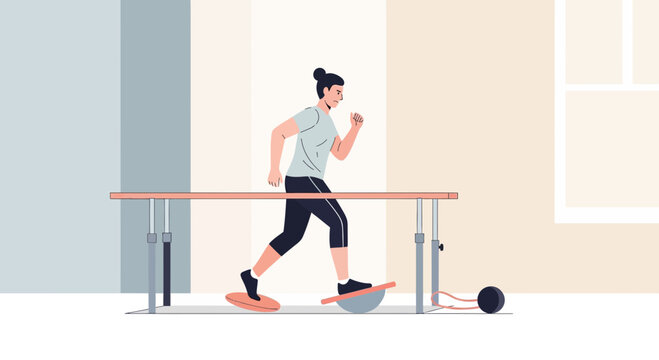 Woman exercising on balance board and roller in therapy setting