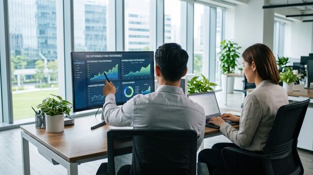 Colleagues reviewing ESG sustainable fund performance on large monitor in bright office, green energy investment analysis