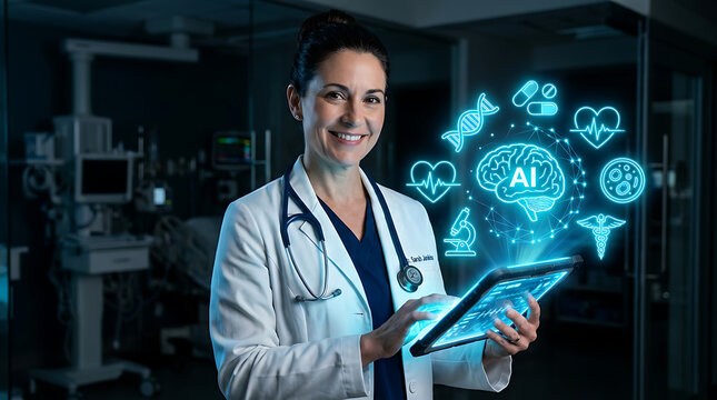 Doctor using AI tablet in medical setting