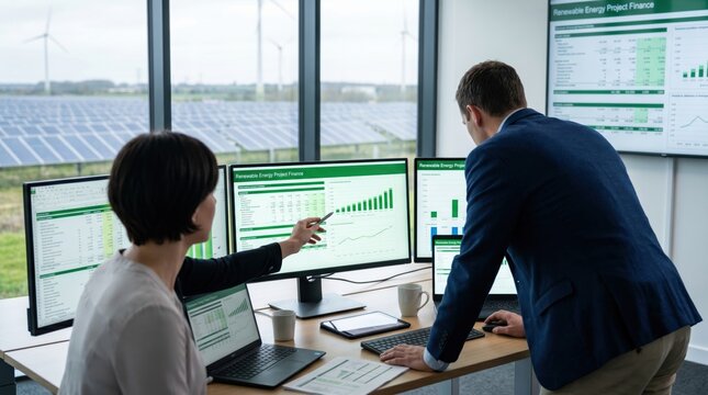 Man and woman analyzing renewable energy project finance data on multiple monitors in an office with a direct view of a large solar panel farm and wind turbines in the background.