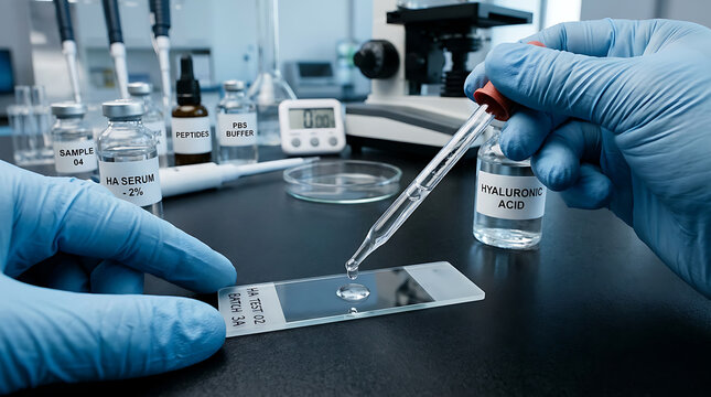 Scientist handling hyaluronic acid in lab