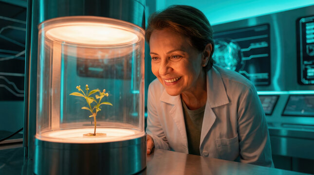 Female scientist observing plant in futuristic laboratory incubator