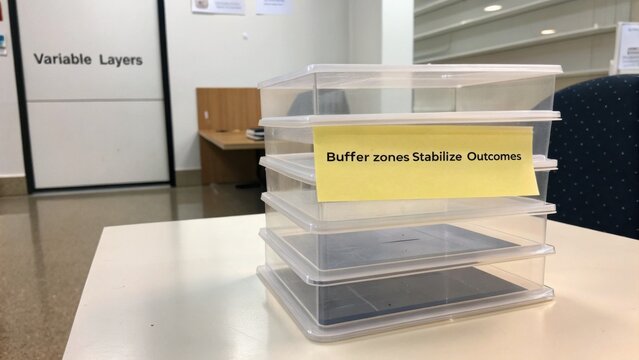 Plastic containers stacked on a table with a note saying Buffer zones Stabilize Outcomes, showcasing organization and workspace efficiency in office environment