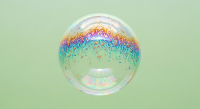 A Single Iridescent Soap Bubble Floating Against a Soft Pastel Green Background.