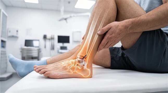 Man Sitting Medical Exam Table Holding Ankle Fracture Pain Glowing X-Ray Bone Anatomy Overlay Crack Visible Clinic Hospital Background