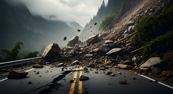 Massive Landslide Blocking Mountain Highway With Rocks and Debris After Heavy Rainstorm
