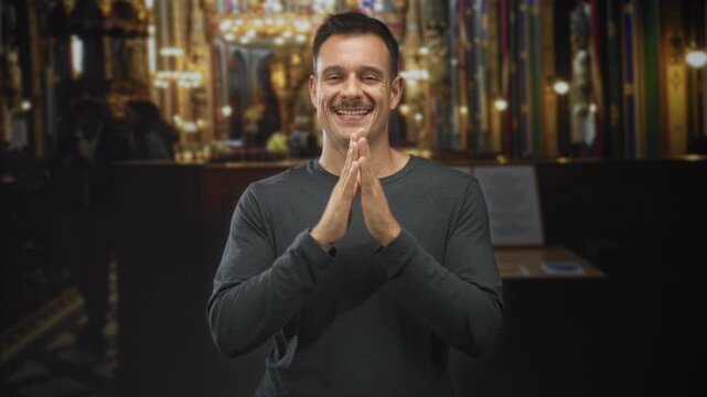 Man with moustache clapping hands in ornate cathedral near altar, smiling with eyes closed; gratitude celebration.