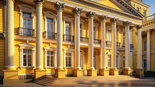 Elegant classic building with yellow facade and columns