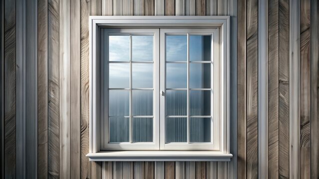 A window with a white frame in a grey wall made of wooden slats