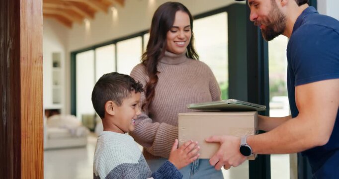 Tablet, delivery and man with child at door with package for shipping, toy order or school supplies. Family, home and person with tech for customer signature for parcel, cargo and box for mom and boy