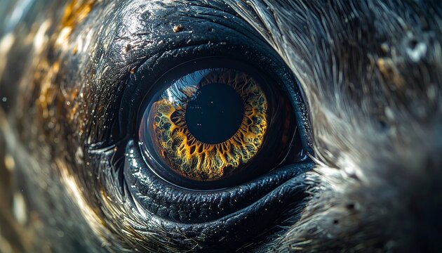 Macro shot capturing the mesmerizing detail of a reptilian eye, showcasing the complex patterns and rich textures of its golden iris and scaly skin, a window into the wild and its intricate beauty