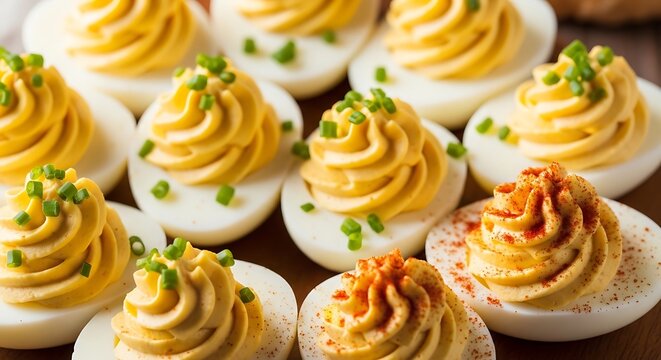 Delicious deviled eggs with green chives.