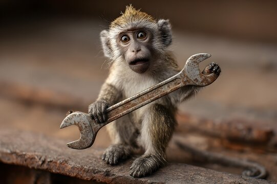 The monkey moved the wrench up and down while talking confusedly, eyes rolling around in his head