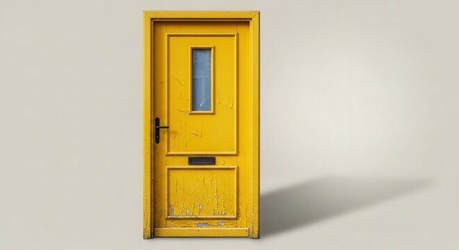 A vibrant yellow wooden front door on a plain white wall.