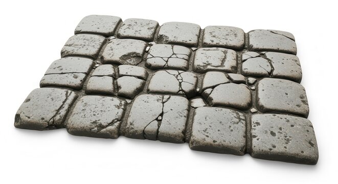 A detailed close-up of a weathered stone pavement texture on a white background.