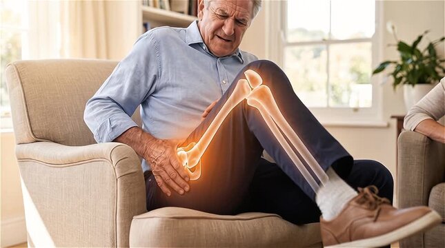 Senior Man Sitting Armchair Holding Hip Knee Pain Glowing X-Ray Bone Anatomy Overlay Joint Inflammation Osteoarthritis Concept Home Living Room