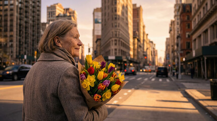 Fototapeta premium Senior woman holding flower bouquet in city street at sunset