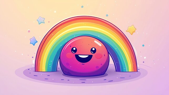 Cute cartoon character under rainbow, colorful, happy, fantasy, background, kids, cheerful, illustration