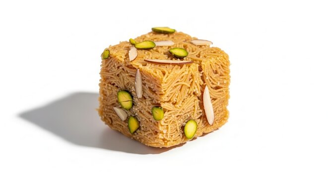 A single piece of traditional Indian sweet Sohan Halwa garnished with pistachios and almonds.