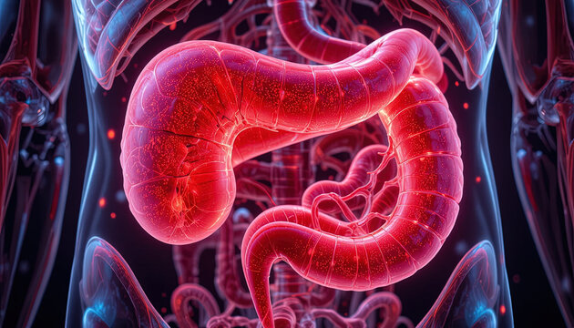 Detailed medical visualization illustrates the human digestive system with glowing internal organs.