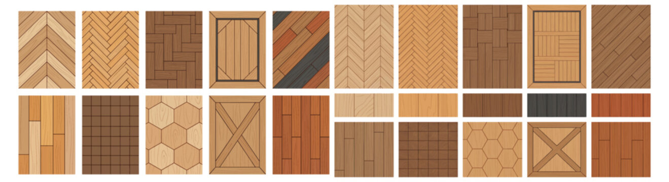 Collection of Wooden Flooring and Parquet Patterns, Textures and Plank Designs for Interior Surfaces