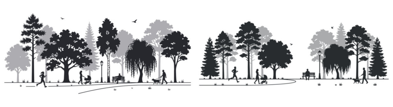 Park Landscape Silhouette with Trees People Walking Jogging Dog Vector Illustration