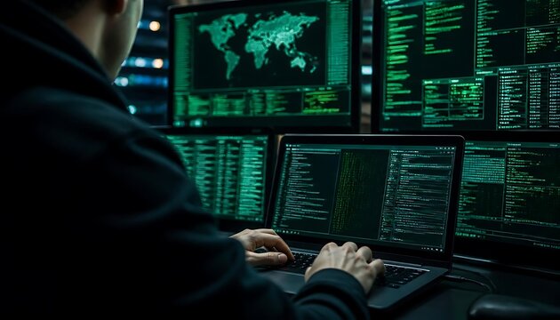 Cybersecurity Analyst Typing Code on Laptop in Dark Server Room